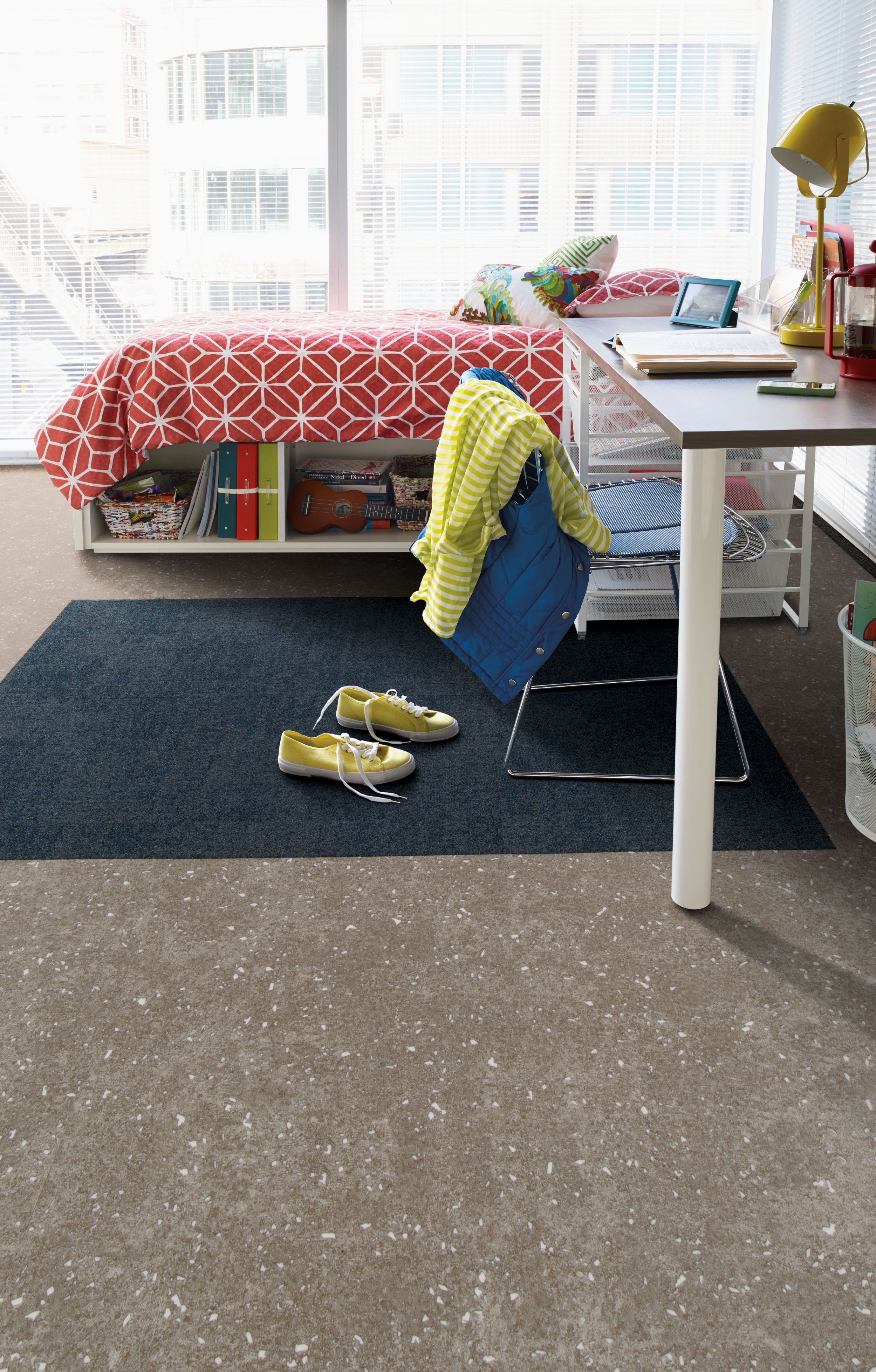 Interface Step in Time carpet tile and Walk the Aisle LVT in a dorm room image number 6